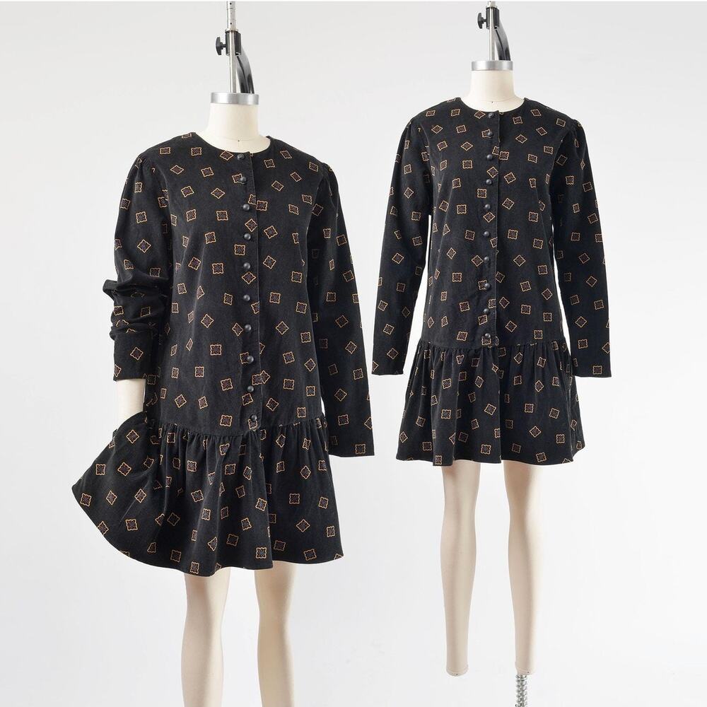 Vintage 90s Black Corduroy Geometric Print Dropped Waist Mini Dress M L